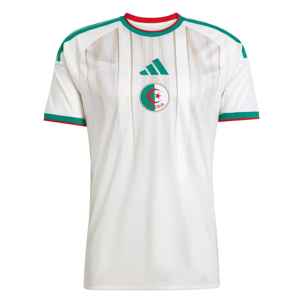 Maillot Fever Algeria National Team football jersey in white with green and red trim, featuring subtle vertical stripes and textured pattern.