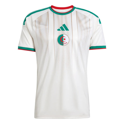 Maillot Fever Algeria National Team football jersey in white with green and red trim, featuring subtle vertical stripes and textured pattern.