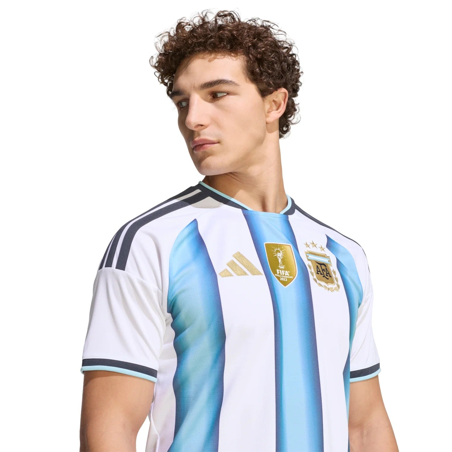 Maillot Fever Argentina National Team soccer jersey in white with sky blue stripes, featuring FIFA World Cup 2022 badge and team crest.